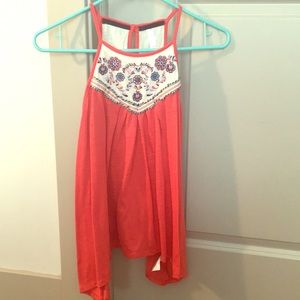 Coral Tank with Floral Embroidery